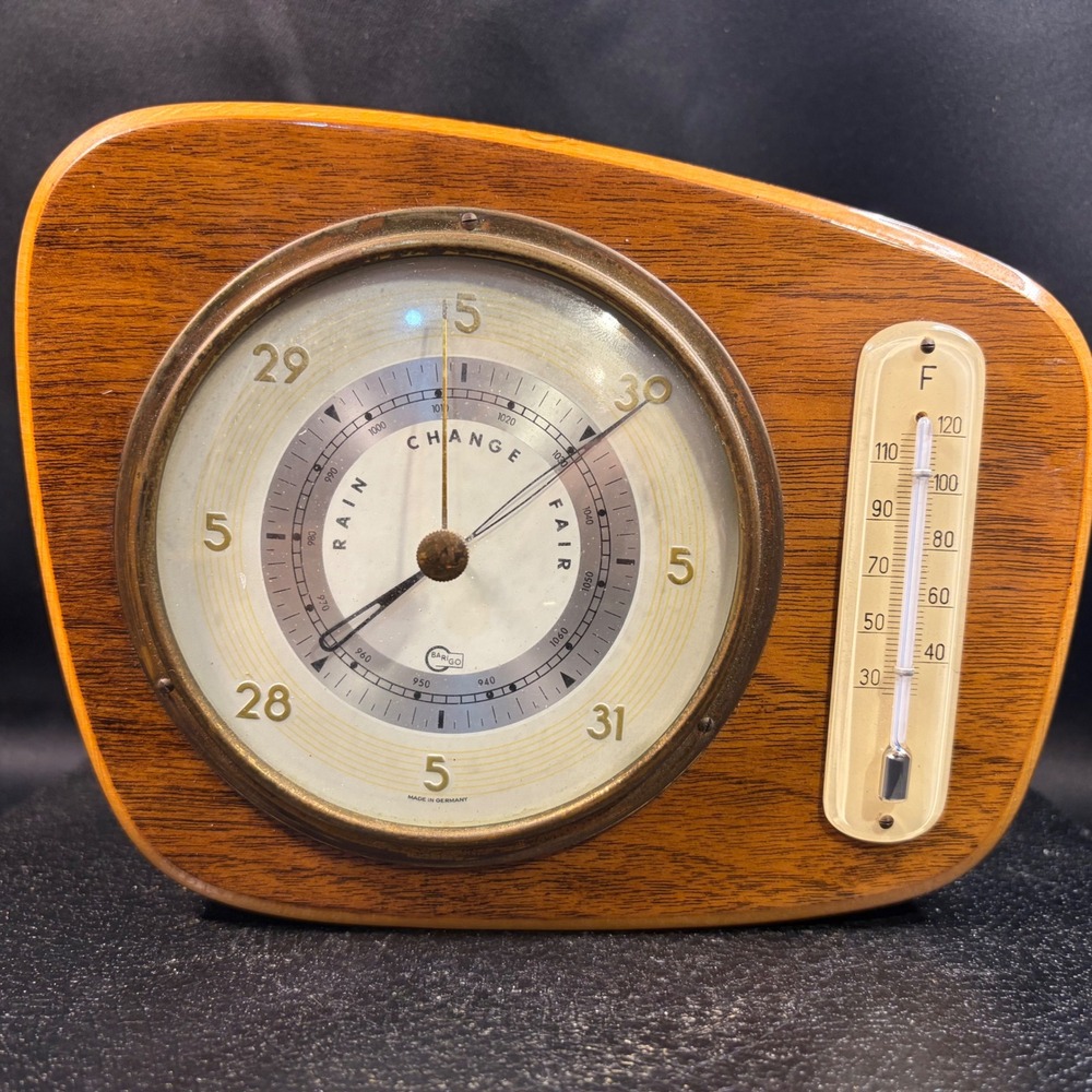 Barigo Barometer Thermometer Weather Station Wood Mid Century Modern Germany